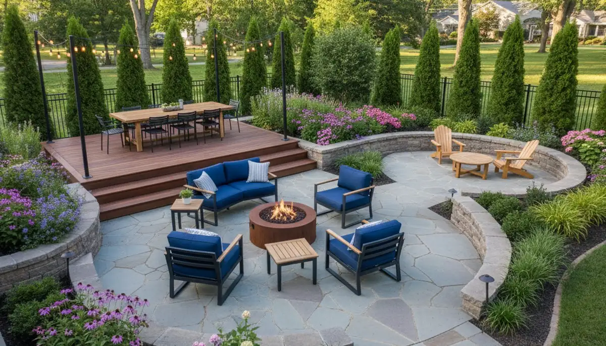 Backyard patio landscaping with lighting and greenery by Chop Chop Landscaping in Bloomington, IN