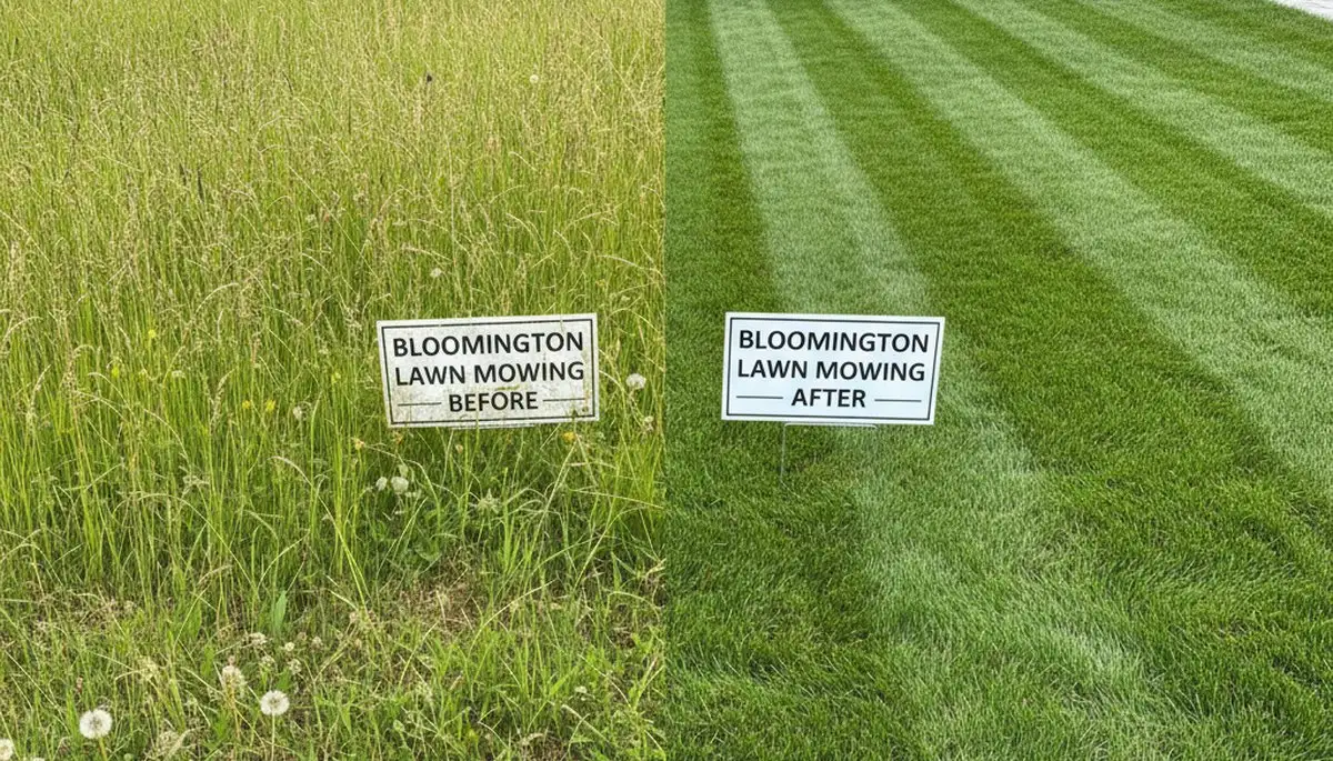 Before and after professional lawn mowing showing yard transformation in Bloomington, IN