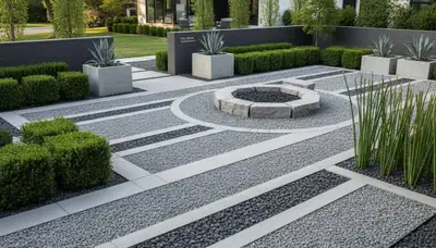 Modern pea gravel landscape with clean lines and plants in Bloomington, IN by Chop Chop Landscaping
