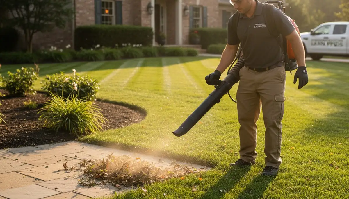 Technician using leaf blower for lawn debris cleanup in Bloomington, IN by Chop Chop Landscaping