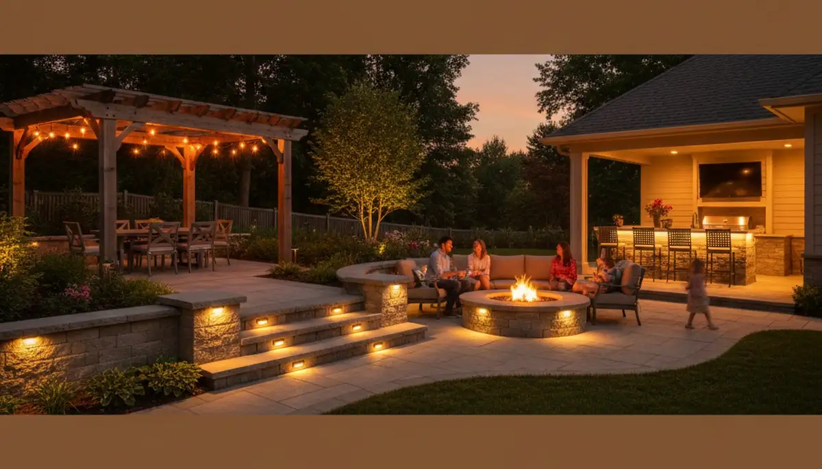 Evening deck and patio lighting installation in Bloomington IN with post cap and step lights by Chop Chop Landscaping