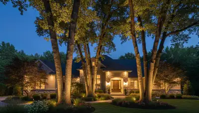Dramatic tree uplighting with professional landscape lighting in Bloomington, IN at night