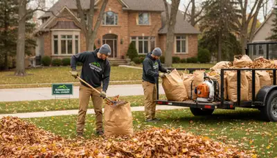 Landscapers raking and bagging fall leaves during yard clean up at a Bloomington IN residential property