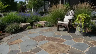 Flagstone patio installation with natural stone pavers by Chop Chop Landscaping in Bloomington, IN