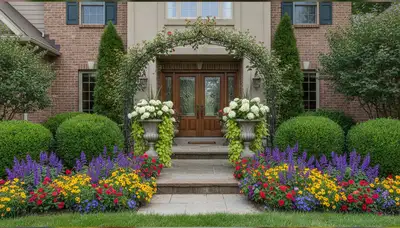 Front yard landscape design with colorful plants and shrubs in Bloomington, IN by Chop Chop Landscaping