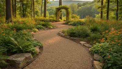 Pea gravel garden path in Bloomington, IN showcasing professional landscaping and natural walkway design