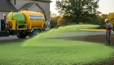 Hydroseeder truck spraying green slurry on new lawn in Bloomington, IN by Chop Chop Landscaping