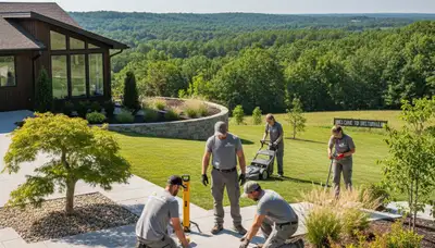 Landscaping crew providing lawn care services in Bloomington, IN for a commercial property