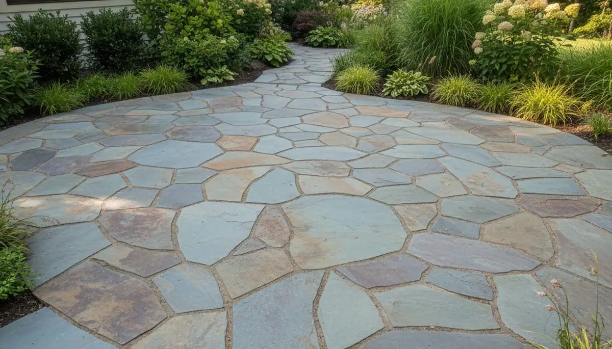 Modern large format stone slab patio by professional landscapers in Bloomington, IN