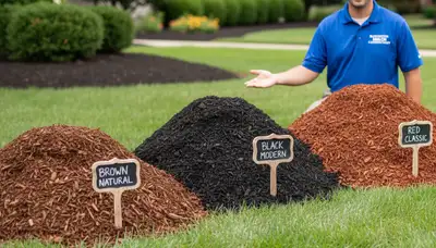 Brown, black, and red mulch options displayed for landscaping in Bloomington, IN