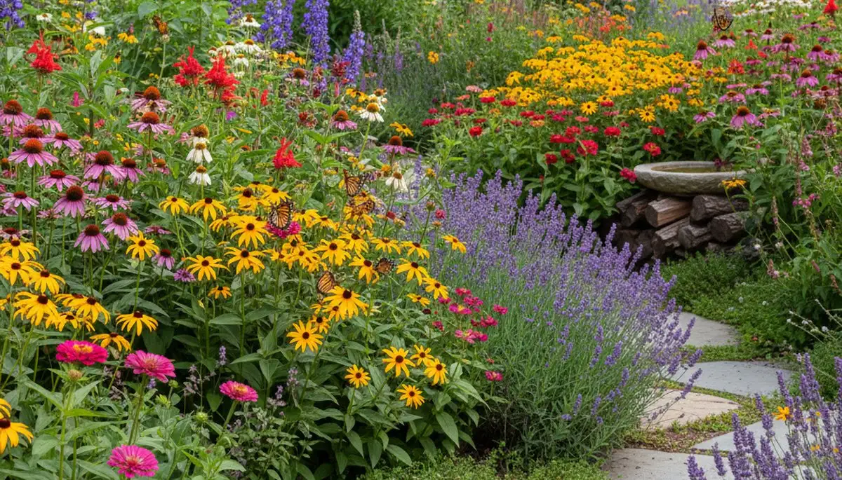 Native pollinator garden with bees and butterflies by organic landscapers in Bloomington, IN
