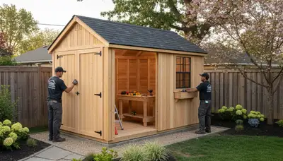 New backyard shed installation with solid base by landscaping experts in Bloomington, IN