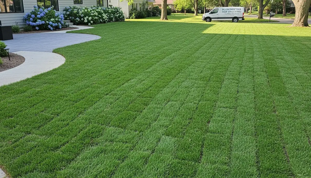 Freshly installed green sod lawn in Bloomington IN showcasing professional landscaping results