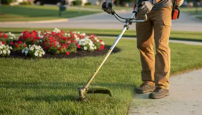 Technician using string trimmer for precise lawn edging and detail work in Bloomington, IN