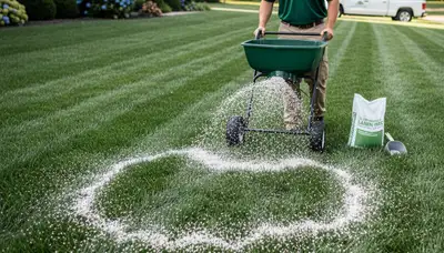 Lawn care technician spreading fertilizer evenly on residential lawn in Bloomington, IN