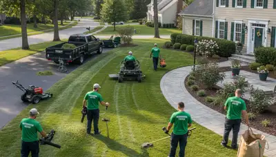 Professional lawn maintenance crew mowing and edging a residential yard in Bloomington, IN