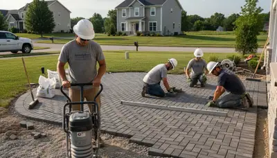 Landscapers installing driveway pavers in Bloomington IN with precise alignment and base preparation