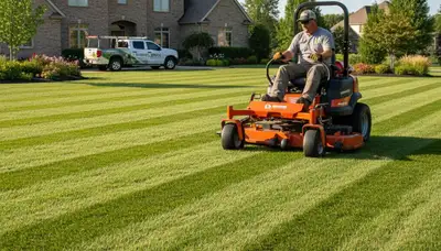 Professional lawn mowing with crisp stripes and defined edging in Bloomington, IN by Chop Chop Landscaping