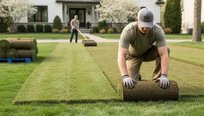 Professional landscaper installing sod with precise alignment in Bloomington, IN yard