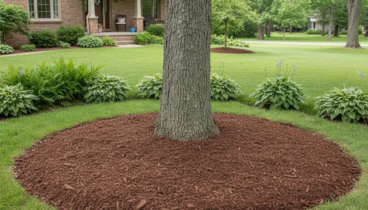 Professional circular mulch ring around tree base by landscaping experts in Bloomington, IN