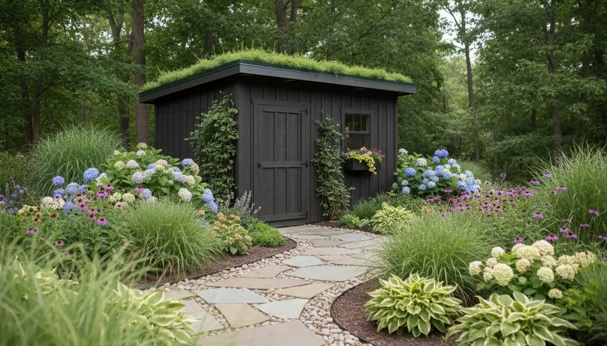 Custom shed with integrated landscape design by Chop Chop Landscaping in Bloomington, IN