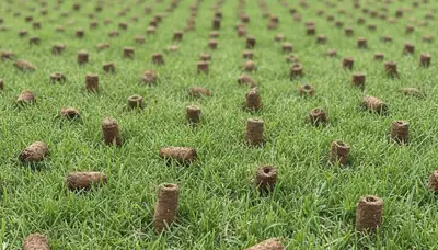 Close-up of soil core plugs after lawn aeration on Bloomington, IN lawn by Chop Chop Landscaping