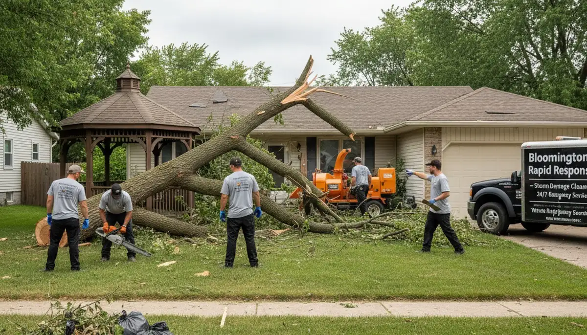 Technicians clearing storm debris in Bloomington IN yard during professional landscaping cleanup service