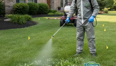 Technician applying targeted weed control on healthy lawn in Bloomington, IN